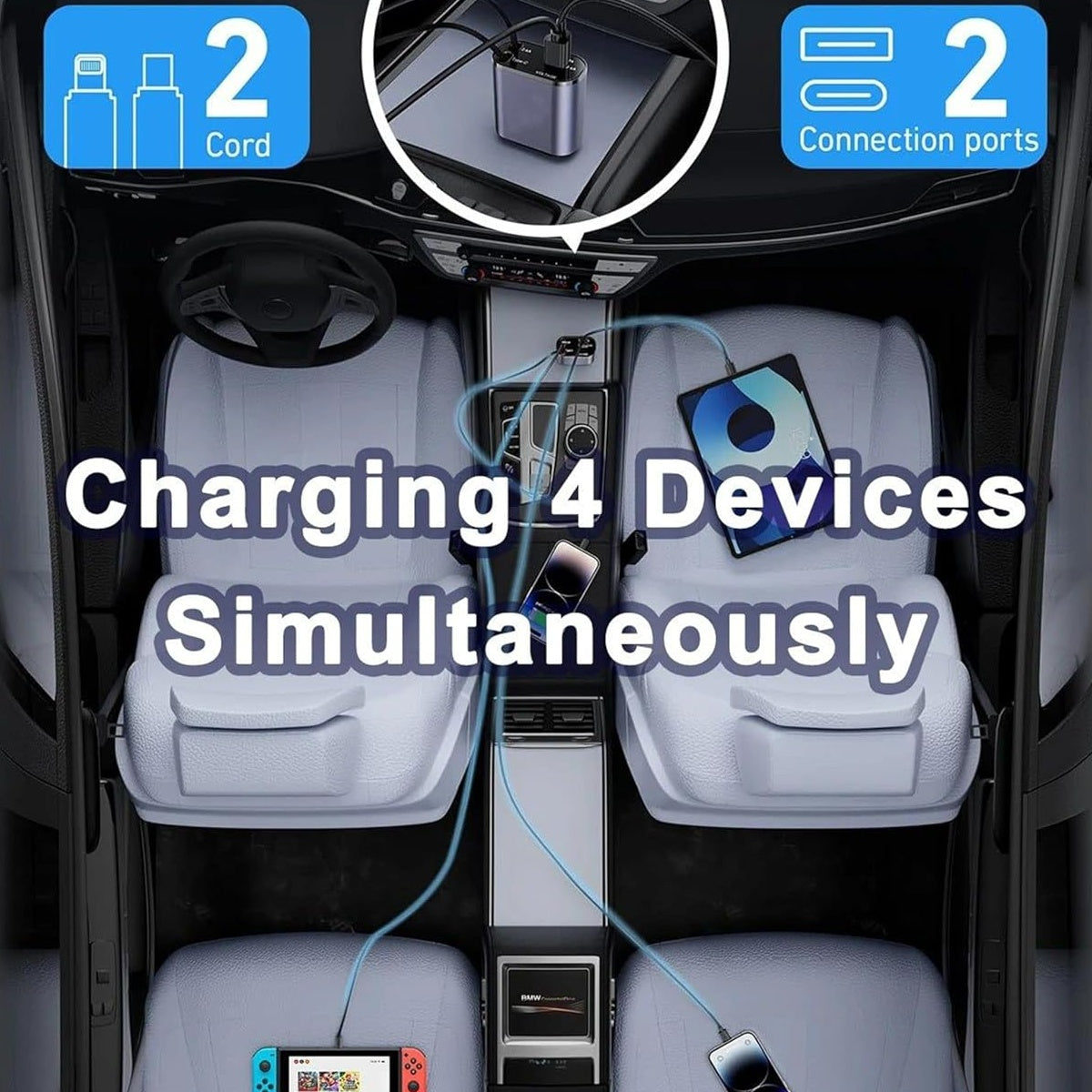 120W 4 in 1 Retractable Car Charger Socket Multi USB Type C Fast Charger for Android Devices