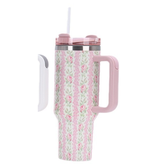1200ml / 40oz Stainless Steel Vacuum Insulated Tumbler with Lid & Straw – Floral Rose Pattern