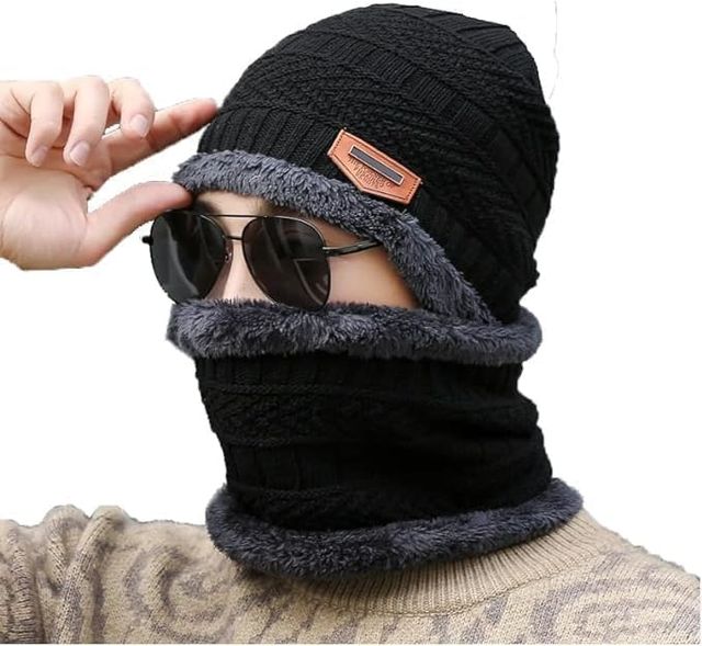 Winter Cap for Man & Women, Beanie Cap & Muffler, Windproof Winter Woolen Cap with Ear Protection, Head & Neck Warmer, Woolen Topaa, Soft & Comfortable, (PCS-1).