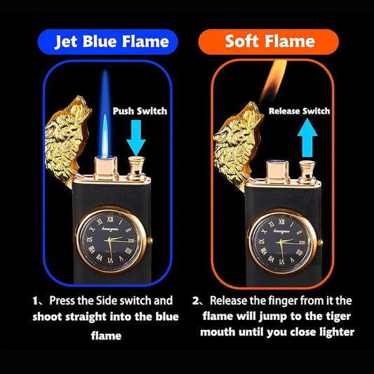 Adjustable Flame Windproof Clock Lighter | Refillable Butane Lighter with Cool Design, Perfect for Outdoor Adventures, Camping