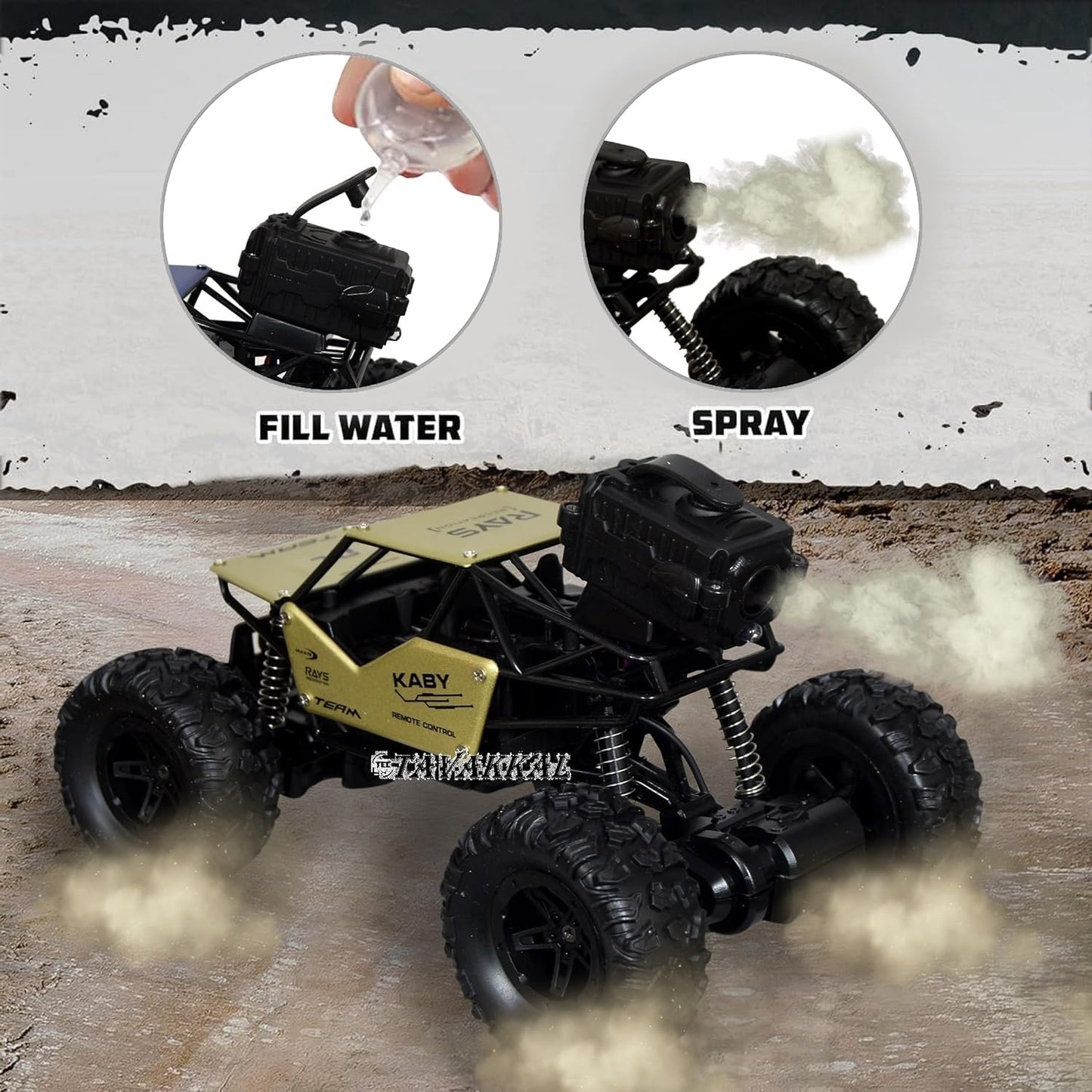 ANI World Remote Control Rock Crawler RC Car – Mist Smoke Spray, High-Speed 1:18 Monster Truck (Blue & Gold)