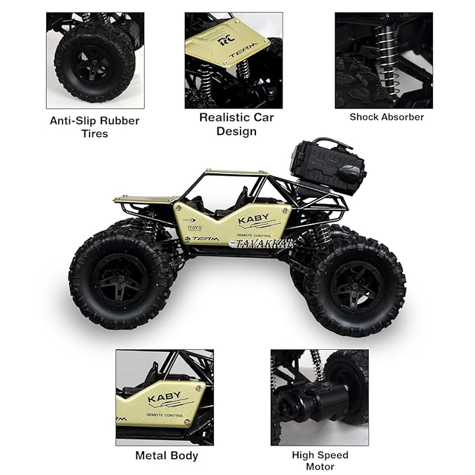ANI World Remote Control Rock Crawler RC Car – Mist Smoke Spray, High-Speed 1:18 Monster Truck (Blue & Gold)