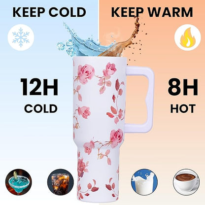 1200ml / 40oz Stainless Steel Vacuum Insulated Tumbler with Lid & Straw – Floral Rose Pattern