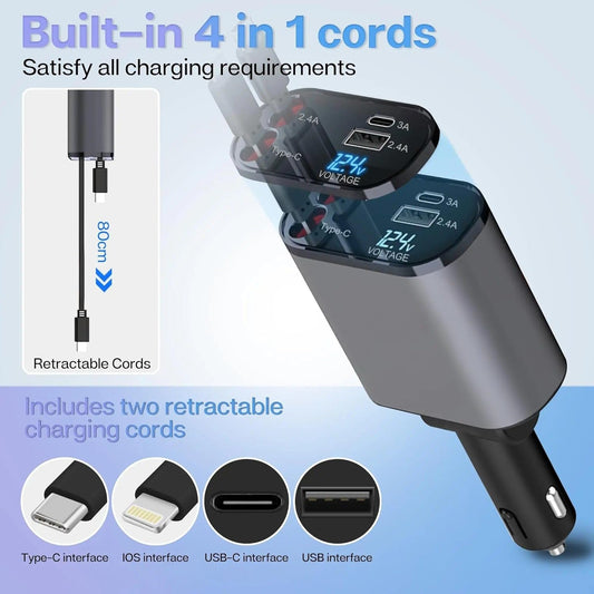 Car Travel Combo 120W 4 in 1 Retractable Car Charger with Rearview Mirror Mobile Phone Holder