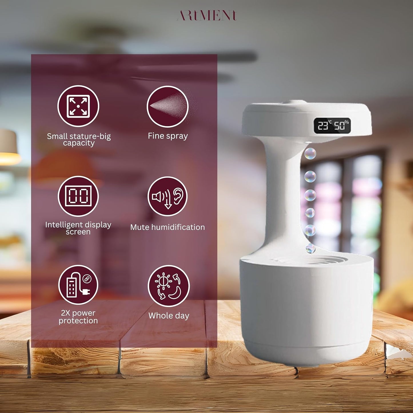 800ml Cool Mist Humidifier Anti Gravity Air Humidifier with LED Clock Display Aroma Diffuser Night Light