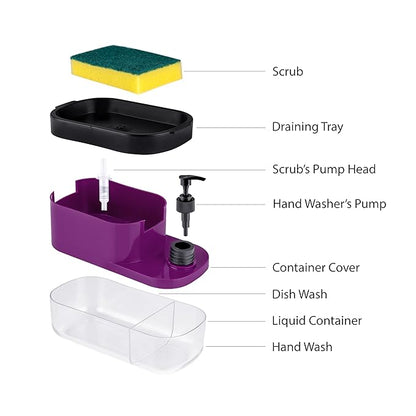 3 in 1 Soap Pump Dispenser Dish Soap Liquid Dispenser with Sponge Holder for Kitchen and Bathroom