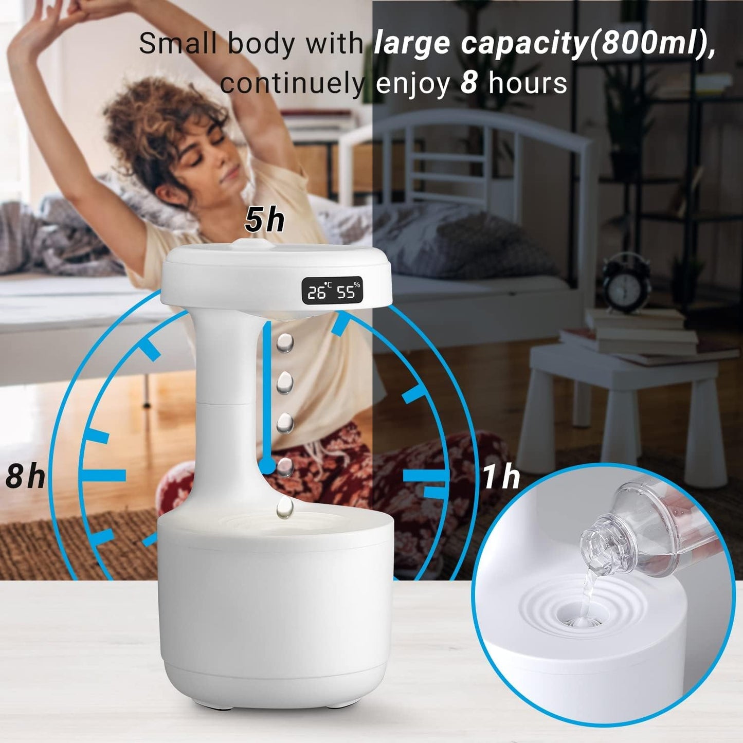 800ml Cool Mist Humidifier Anti Gravity Air Humidifier with LED Clock Display Aroma Diffuser Night Light