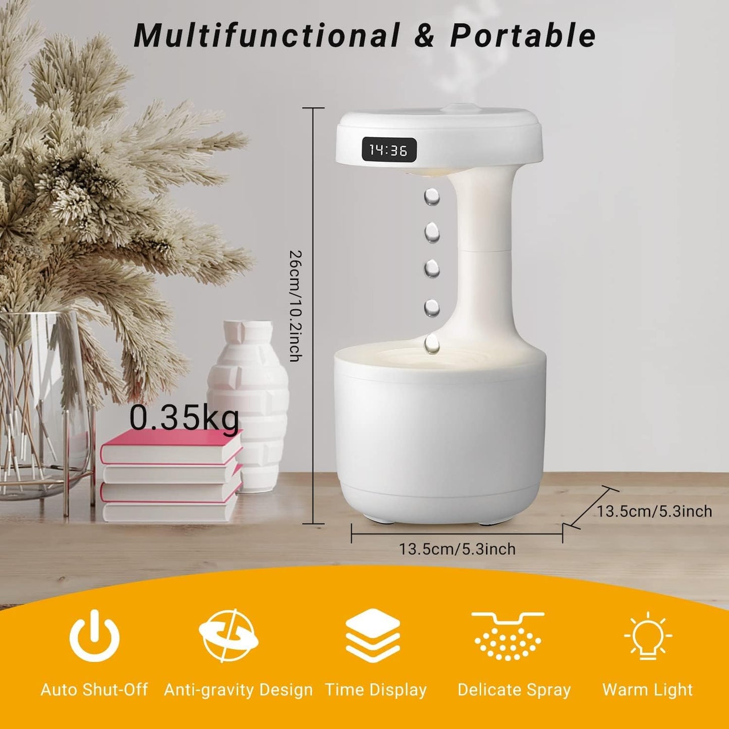 800ml Cool Mist Humidifier Anti Gravity Air Humidifier with LED Clock Display Aroma Diffuser Night Light