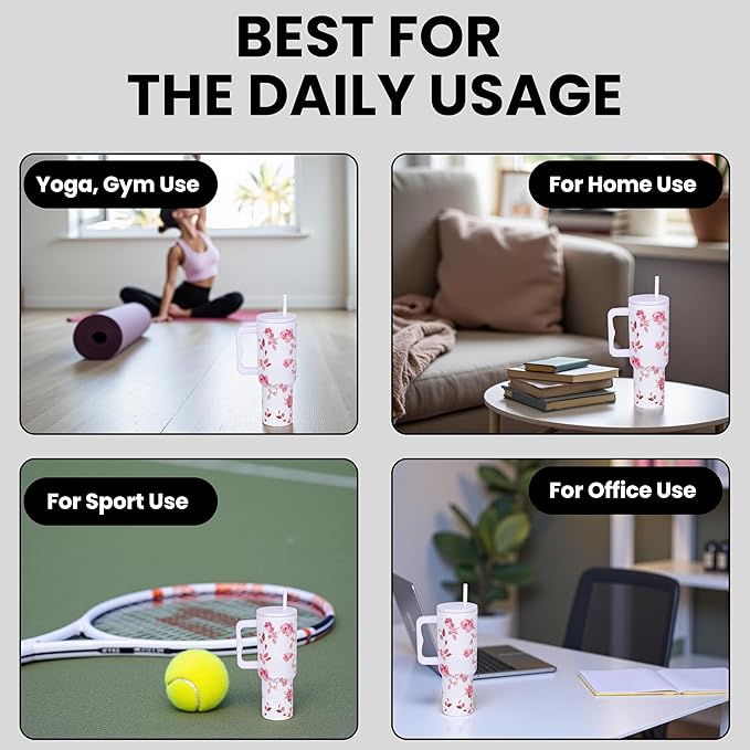 1200ml / 40oz Stainless Steel Vacuum Insulated Tumbler with Lid & Straw – Floral Rose Pattern