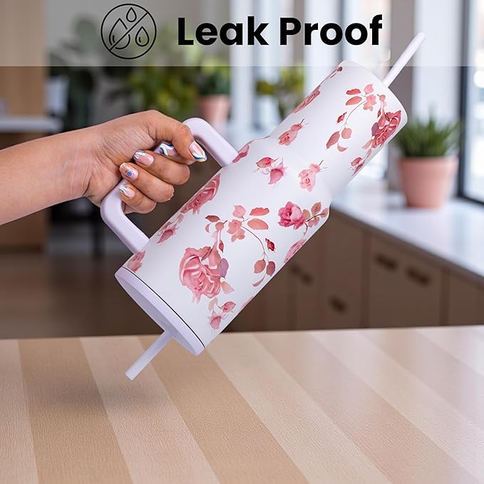 1200ml / 40oz Stainless Steel Vacuum Insulated Tumbler with Lid & Straw – Floral Rose Pattern