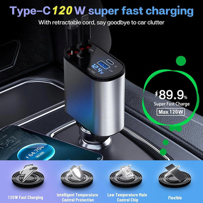 Car Travel Combo 120W 4 in 1 Retractable Car Charger with Rearview Mirror Mobile Phone Holder