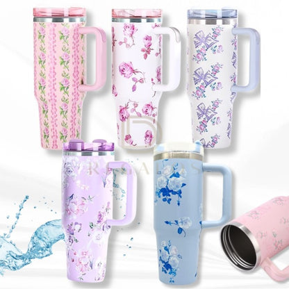 1200ml / 40oz Stainless Steel Vacuum Insulated Tumbler with Lid & Straw – Floral Rose Pattern