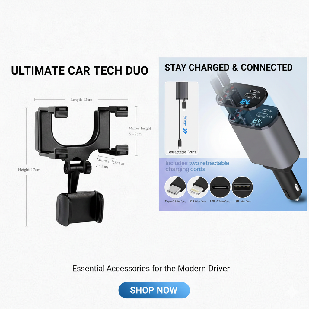 Car Travel Combo 120W 4 in 1 Retractable Car Charger with Rearview Mirror Mobile Phone Holder