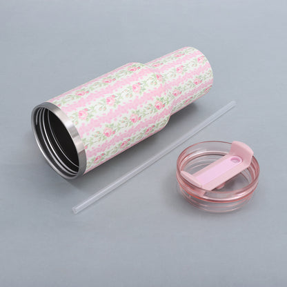 1200ml / 40oz Stainless Steel Vacuum Insulated Tumbler with Lid & Straw – Floral Rose Pattern