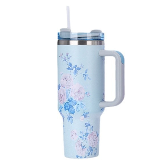 1200ml / 40oz Stainless Steel Vacuum Insulated Tumbler with Lid & Straw – Floral Rose Pattern