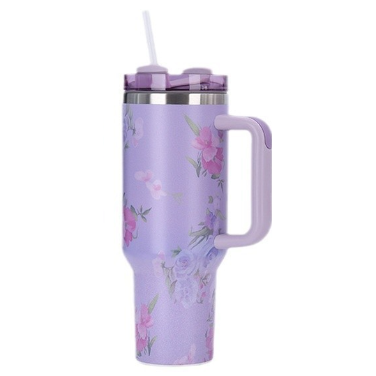 1200ml / 40oz Stainless Steel Vacuum Insulated Tumbler with Lid & Straw – Floral Rose Pattern
