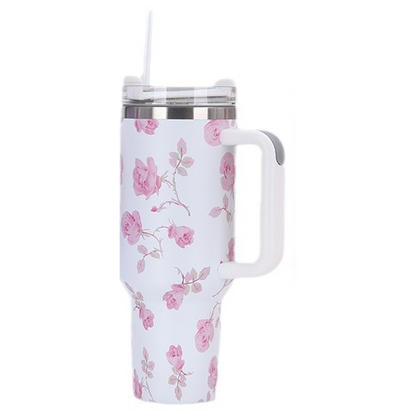1200ml / 40oz Stainless Steel Vacuum Insulated Tumbler with Lid & Straw – Floral Rose Pattern