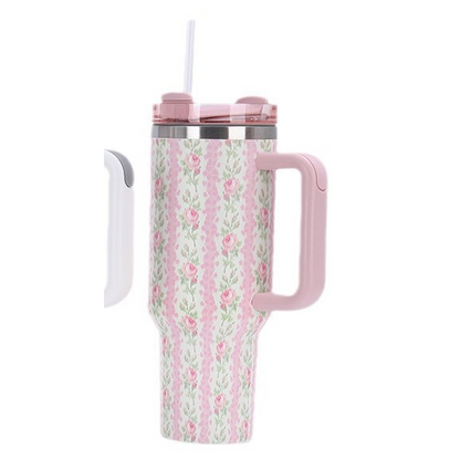 1200ml / 40oz Stainless Steel Vacuum Insulated Tumbler with Lid & Straw – Floral Rose Pattern