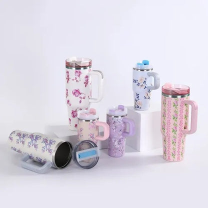 1200ml / 40oz Stainless Steel Vacuum Insulated Tumbler with Lid & Straw – Floral Rose Pattern
