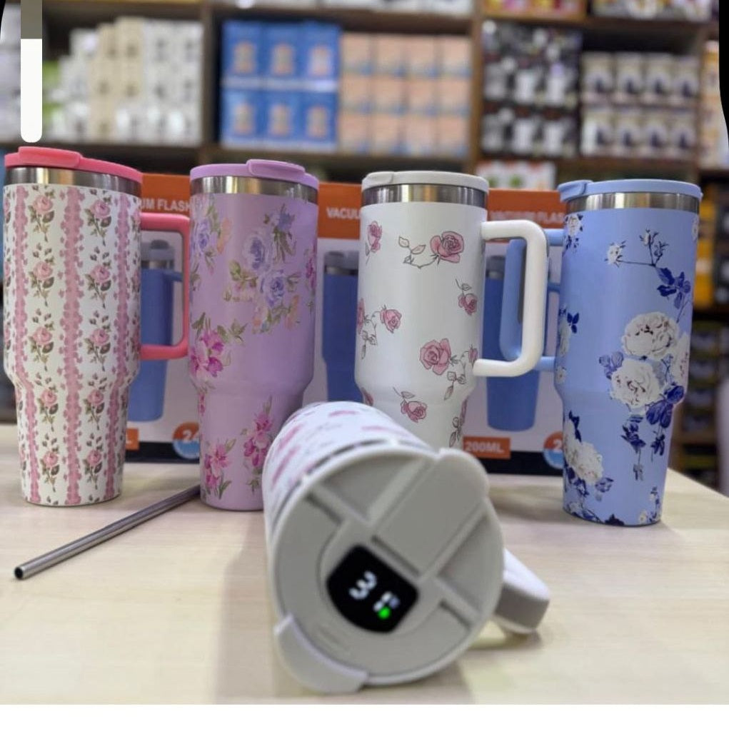 1200ml / 40oz Stainless Steel Vacuum Insulated Tumbler with Lid & Straw – Floral Rose Pattern