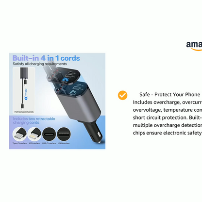 120W 4 in 1 Retractable Car Charger Socket Multi USB Type C Fast Charger for Android Devices